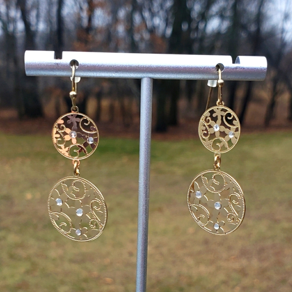 56. Gold and Floral Dangle Earrings